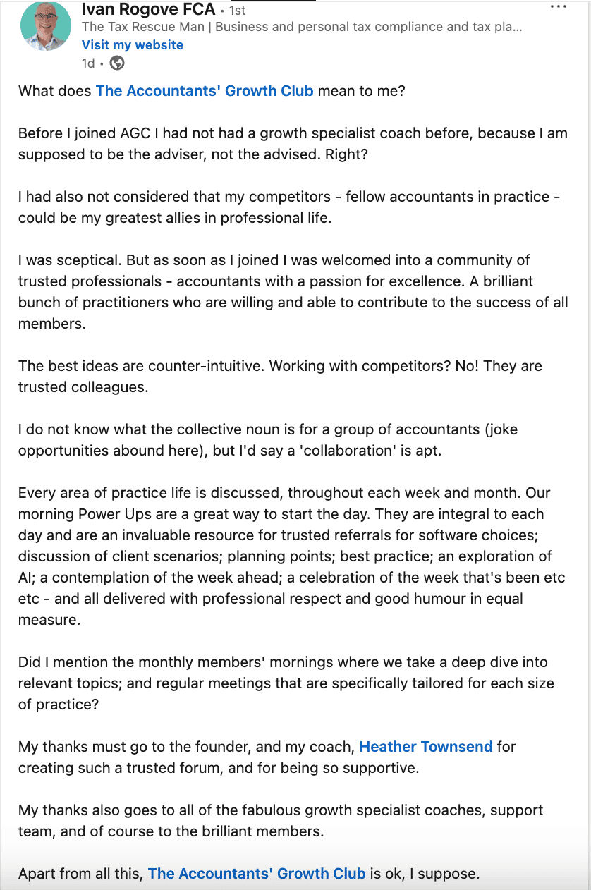 A Facebook post from The Tax Rescue Man highlights joining the Accountants Growth Club, where an accountancy business coach supports collaboration, peer learning, and business growth for accountants. A link to the club’s website is shared at the end.