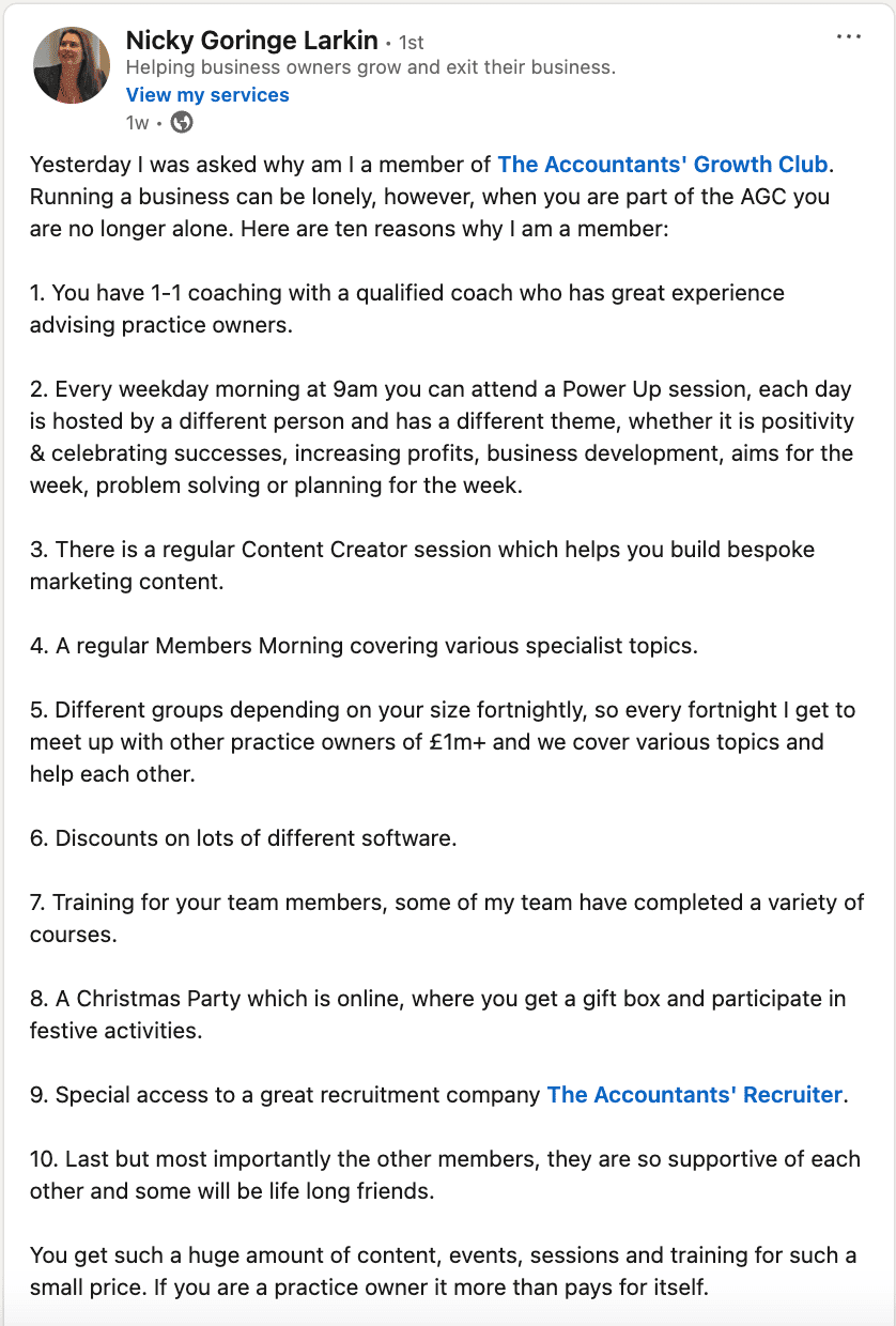 A LinkedIn post by Nicky Goringe Larkin highlights how The Accountants Growth Club helps you learn how to grow your accountancy business, offering coaching, support sessions, marketing help, peer groups, and social events.