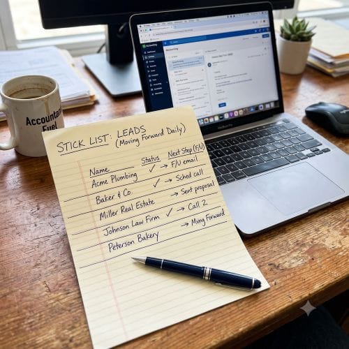 A systematic business development for accountants routine showing a lead tracking stick list.
