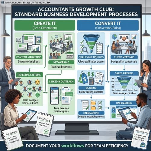 Detailed infographic from Accountants Growth Club illustrating standardised business development processes, including systematic "Create It" lead generation and "Convert It" sales conversion workflows to effectively grow an accounting firm.