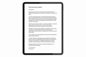 A tablet displays a letter titled Price increase letter template. The letter explains an upcoming price increase for accounting firm