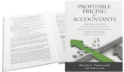 A book titled Profitable Pricing for Accountants by Heather Townsend is shown standing partially in front of an open book. The cover features green and grey arrows pointing in opposite directions.