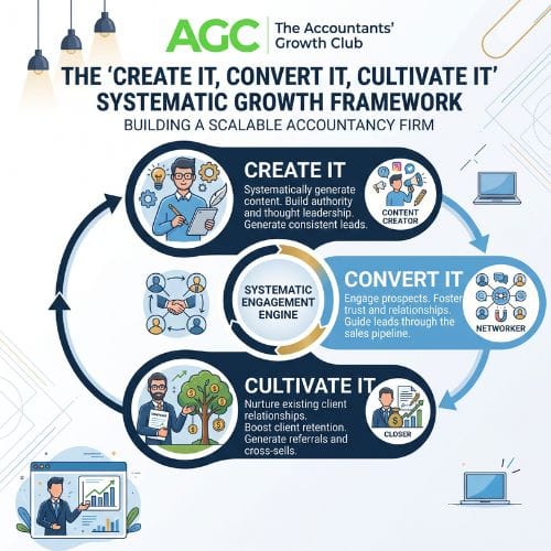 A branded infographic of The Create It, Convert It, Cultivate It framework for building a business development team in an accounting firm.
