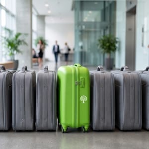 A bright green suitcase stands out among several grey suitcases in an airport corridor, representing an accounting firm differentiating itself from generic competitors. There are blurred people and plants in the background.
