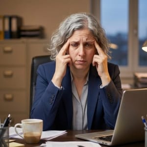 A woman with grey curly hair in a suit sits at a desk with a laptop, holding her temples and looking stressed. Papers, a mug, and office folders are visible in the background. This image represents the stress of leading a growing accounting firm