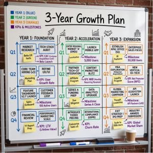 A whiteboard titled 3-Year Growth Plan is divided into columns for each year and rows for each quarter, outlining tasks and milestones with colour-coded sticky notes for planning business growth.