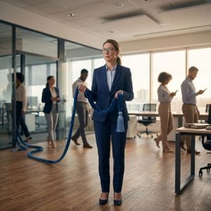 An accountancy firm leader in a suit, standing center-frame holding a symbolic blue velvet rope. Behind her in a modern office, other staff members are walking, distracted by their phones, and pulling a very long matching rope. The image serves as a visual metaphor for the challenges of managing poor performance in an accountancy practice.