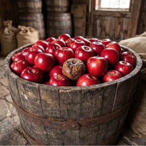 A wooden barrel filled with shiny red apples sits indoors; one apple in the centre is brown, shrivelled, and rotten to represent a toxic culture in an accountancy firm