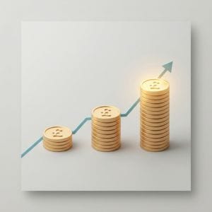 Three stacks of gold coins increase in height from left to right, with a blue upward arrow in the background, symbolising financial growth or investment success if an accounting firm acquisition goes through and is profitable.