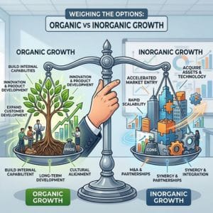 A scale compares organic growth, shown as a growing tree, with inorganic growth, shown as city buildings and charts, listing their key features and differences under each side.