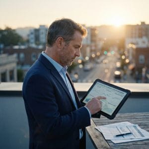 Accounting firm owner reviewing operational accounting firm KPIs on a laptop dashboard.