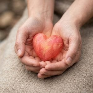 Two hands gently cup a small, red heart-shaped object, possibly a stone or piece of clay. This represents looking after clients during an accounting firm acquisition